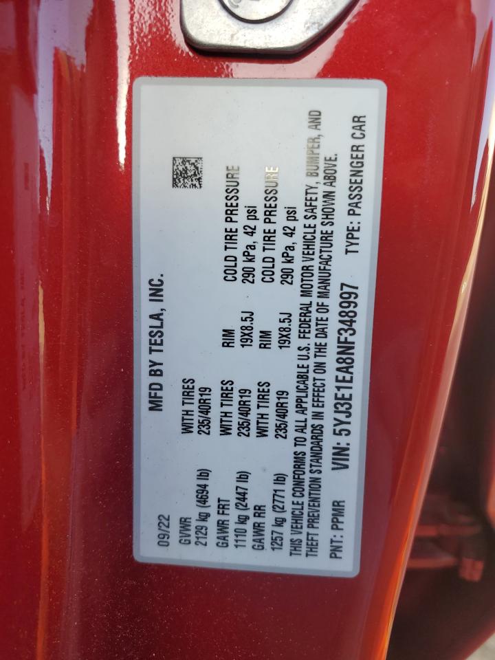 2022 TESLA MODEL 3 VIN:5YJ3E1EA8NF348997
