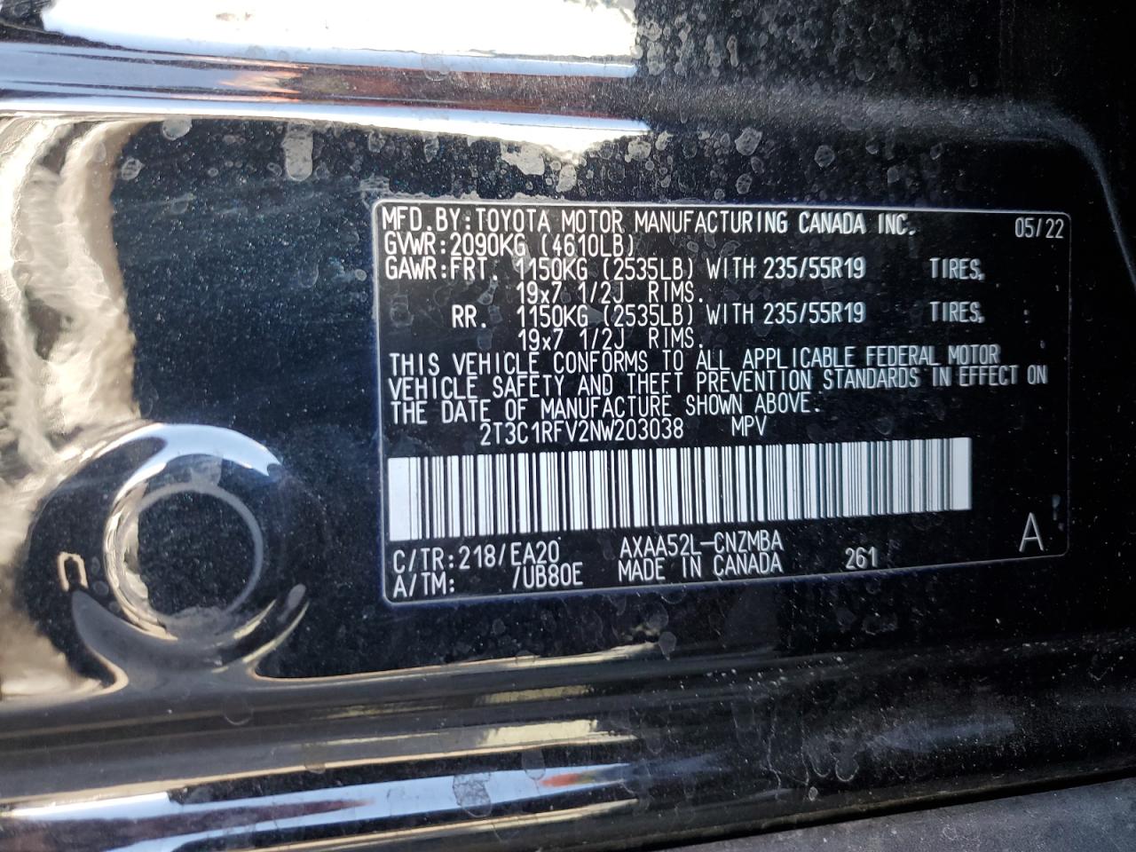 2022 TOYOTA RAV4 XLE PREMIUM VIN:2T3C1RFV2NW203038