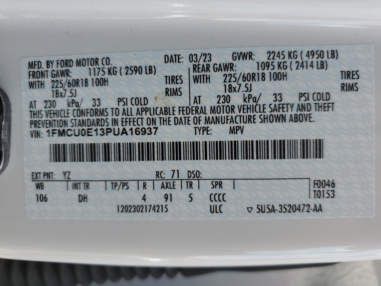 2023 FORD ESCAPE VIN:1FMCU0E13PUA16937