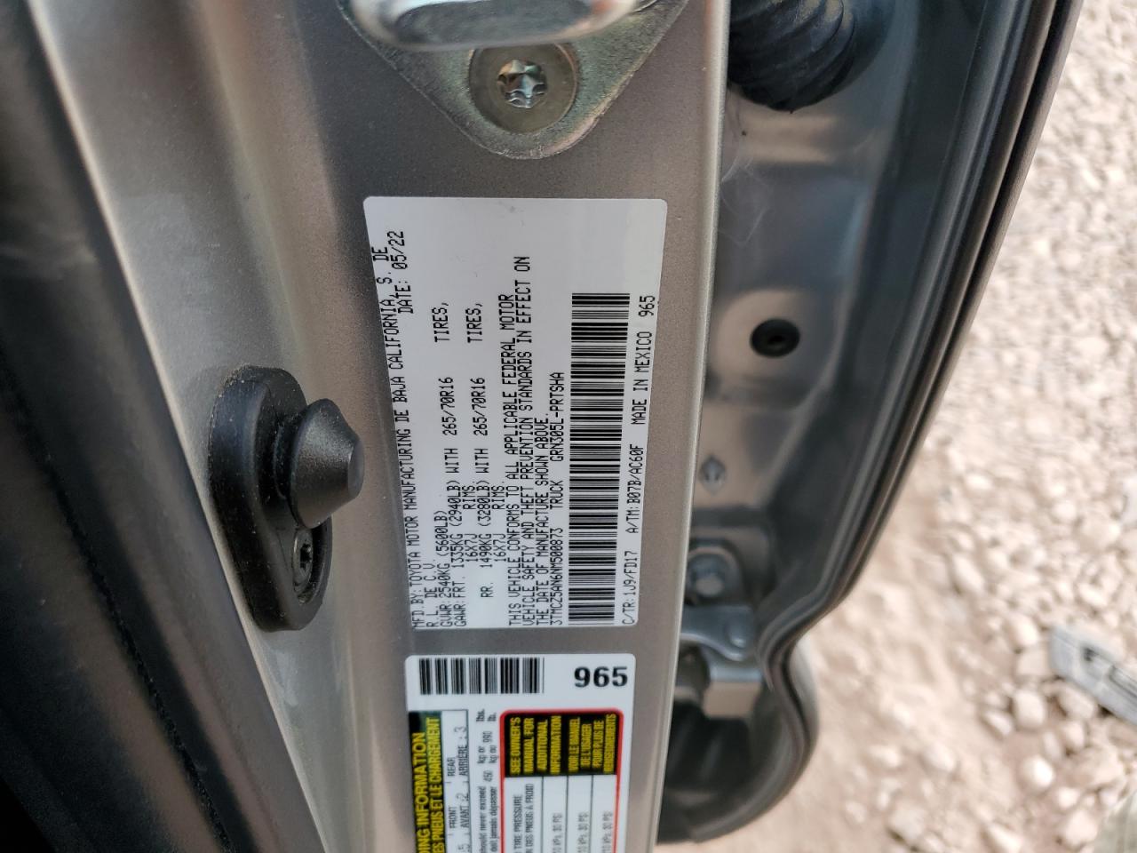 2022 TOYOTA TACOMA DOUBLE CAB VIN:3TMCZ5AN6NM500873