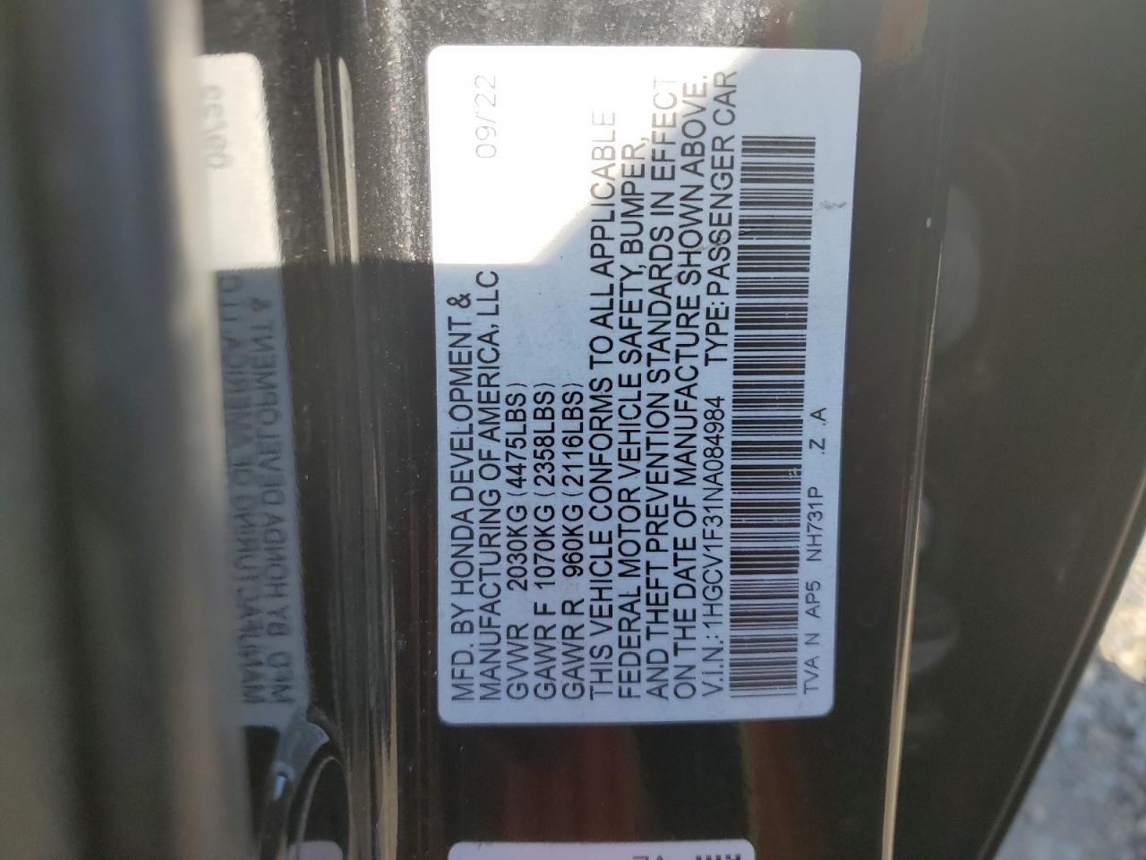 2022 HONDA ACCORD SPORT VIN:1HGCV1F31NA084984