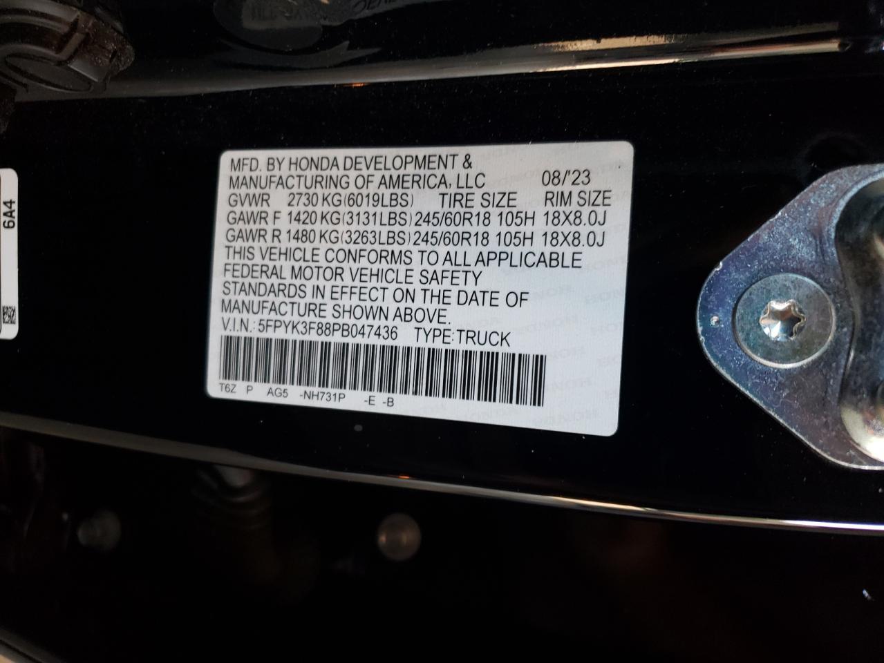 2023 HONDA RIDGELINE BLACK EDITION VIN:5FPYK3F88PB047436