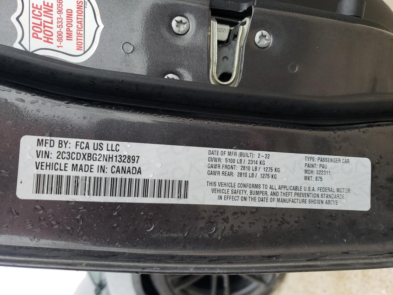 2022 DODGE CHARGER SXT VIN:2C3CDXBG2NH132897