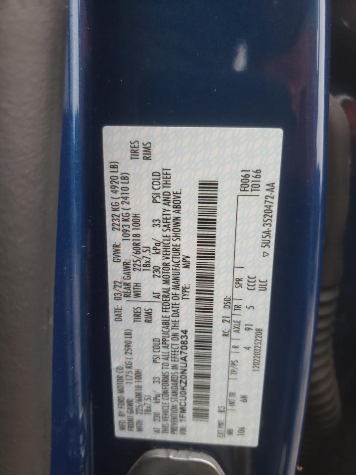 2022 FORD ESCAPE SEL VIN:1FMCU0KZ0NUA70834