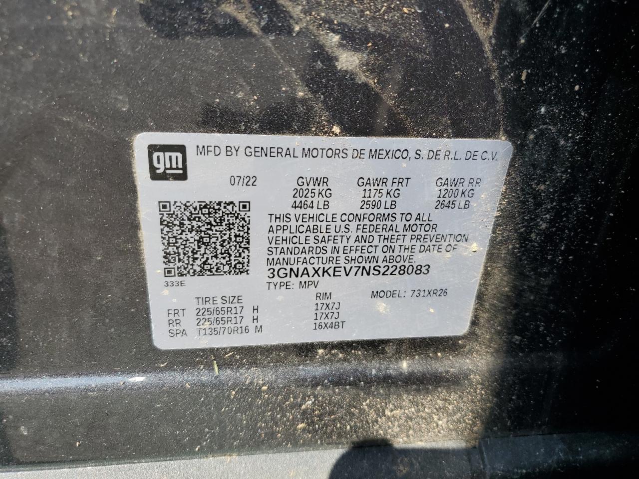 2022 CHEVROLET EQUINOX LT VIN:3GNAXKEV7NS228083