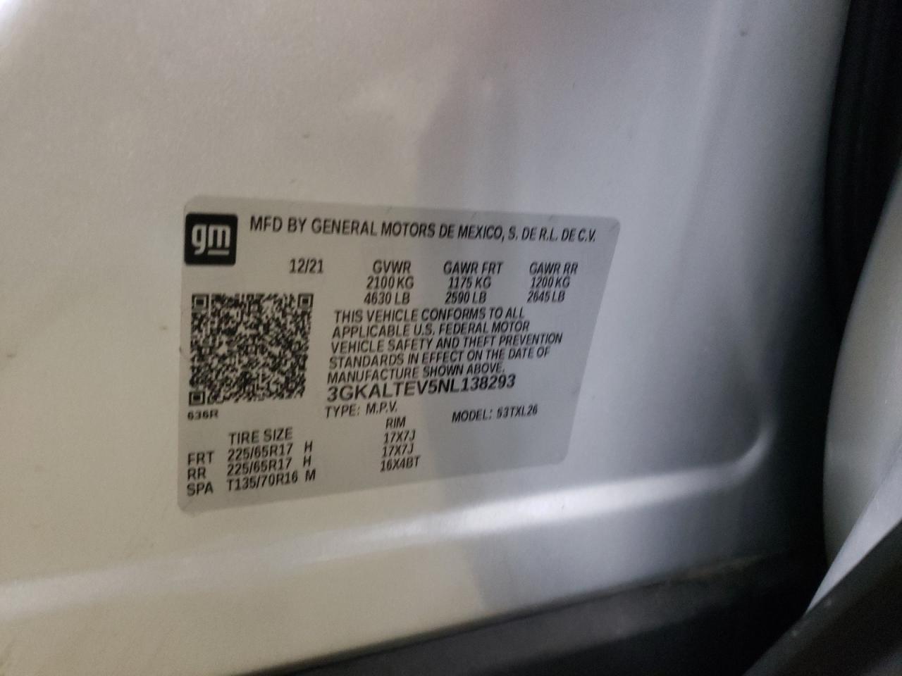 2022 GMC TERRAIN SLE VIN:3GKALTEV5NL138293