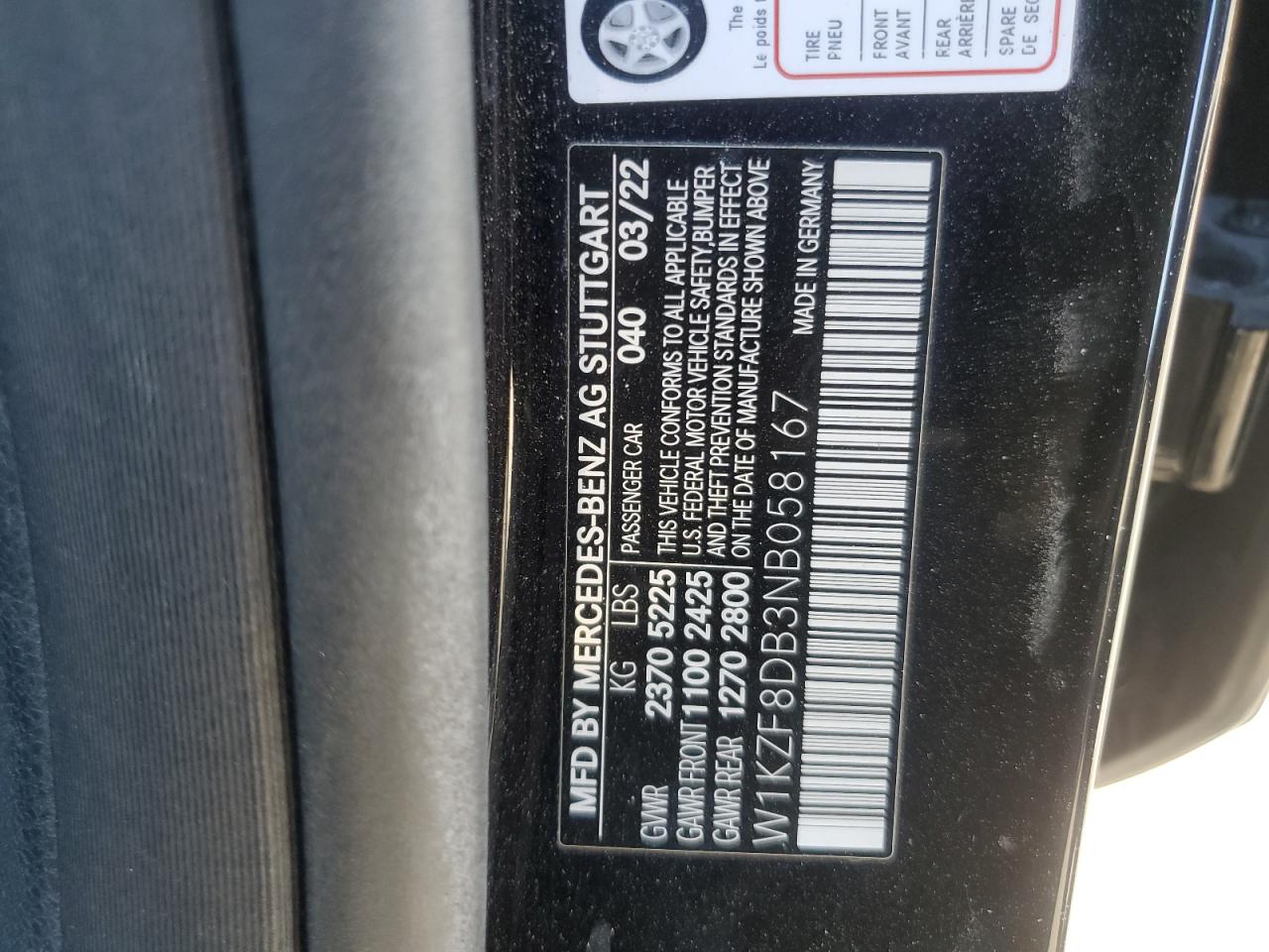 2022 MERCEDES-BENZ E 350 VIN:W1KZF8DB3NB058167