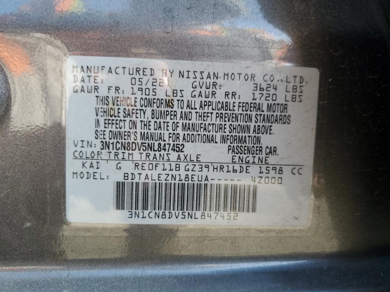 2022 NISSAN VERSA S VIN:3N1CN8DV5NL847452