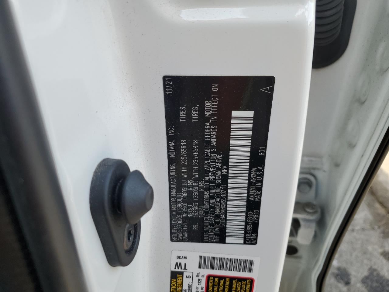 2022 TOYOTA HIGHLANDER HYBRID XLE VIN:5TDHARAHXNS510711
