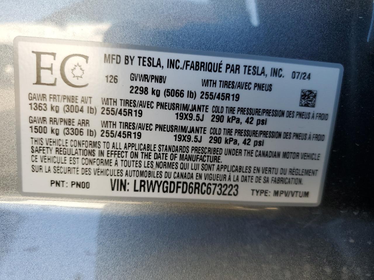 2024 TESLA MODEL Y VIN:LRWYGDFD6RC673223