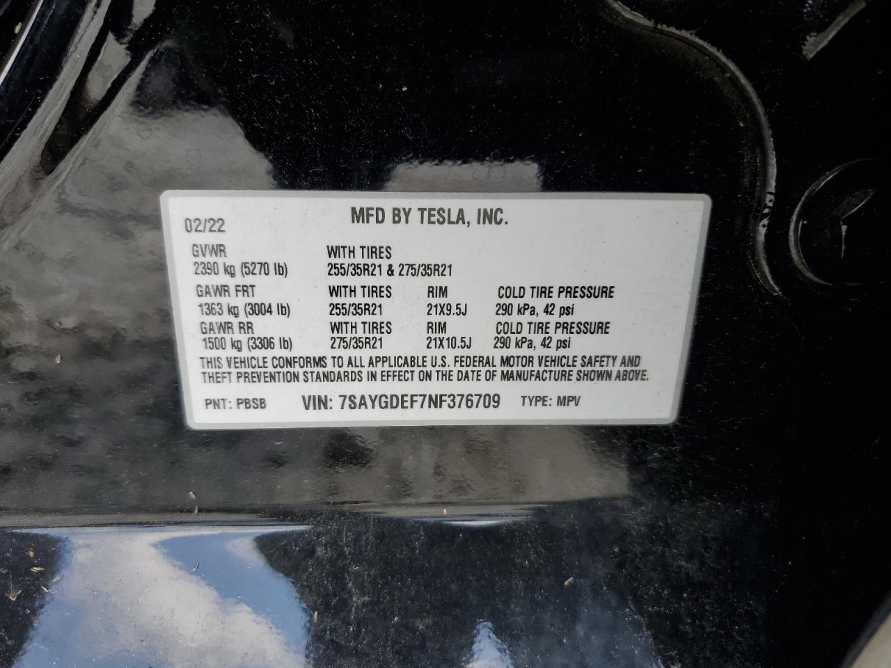 2022 TESLA MODEL Y VIN:7SAYGDEF7NF376709