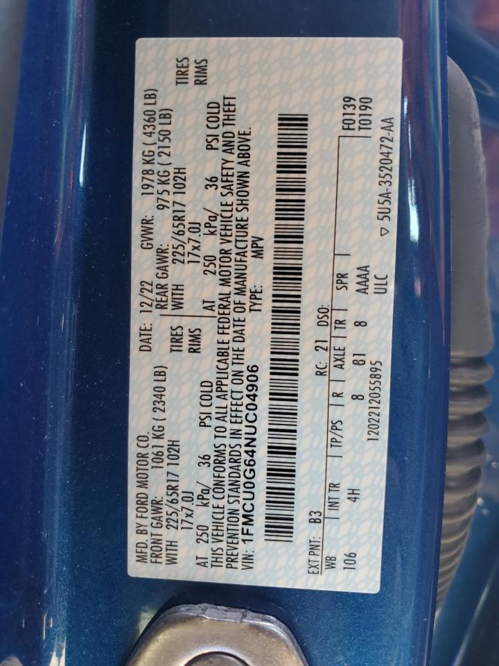 2022 FORD ESCAPE SE VIN:1FMCU0G64NUC04906