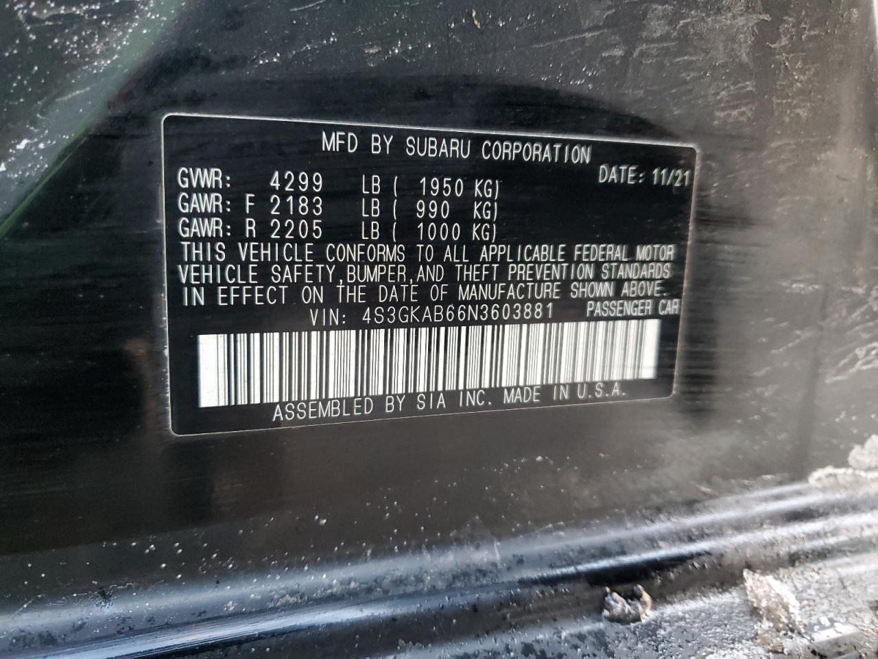 2022 SUBARU IMPREZA VIN:4S3GKAB66N3603881