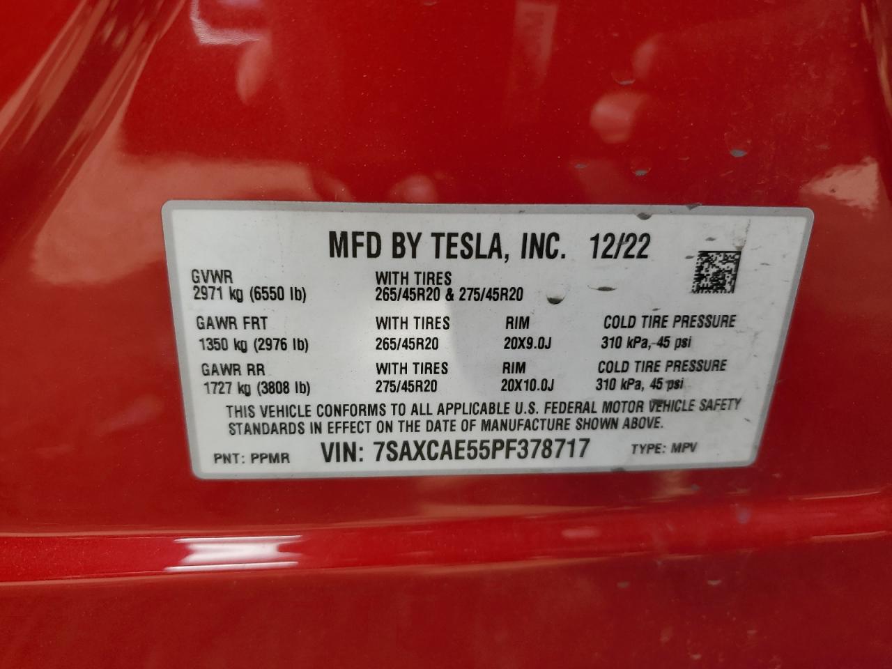 2023 TESLA MODEL X VIN:7SAXCAE55PF378717