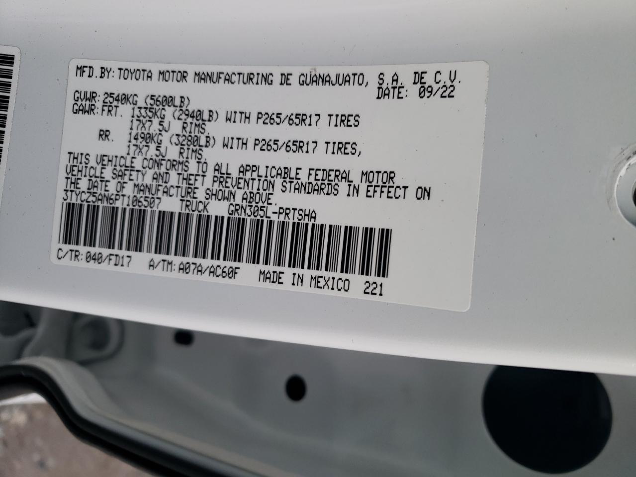 2023 TOYOTA TACOMA DOUBLE CAB VIN:3TYCZ5AN6PT106507