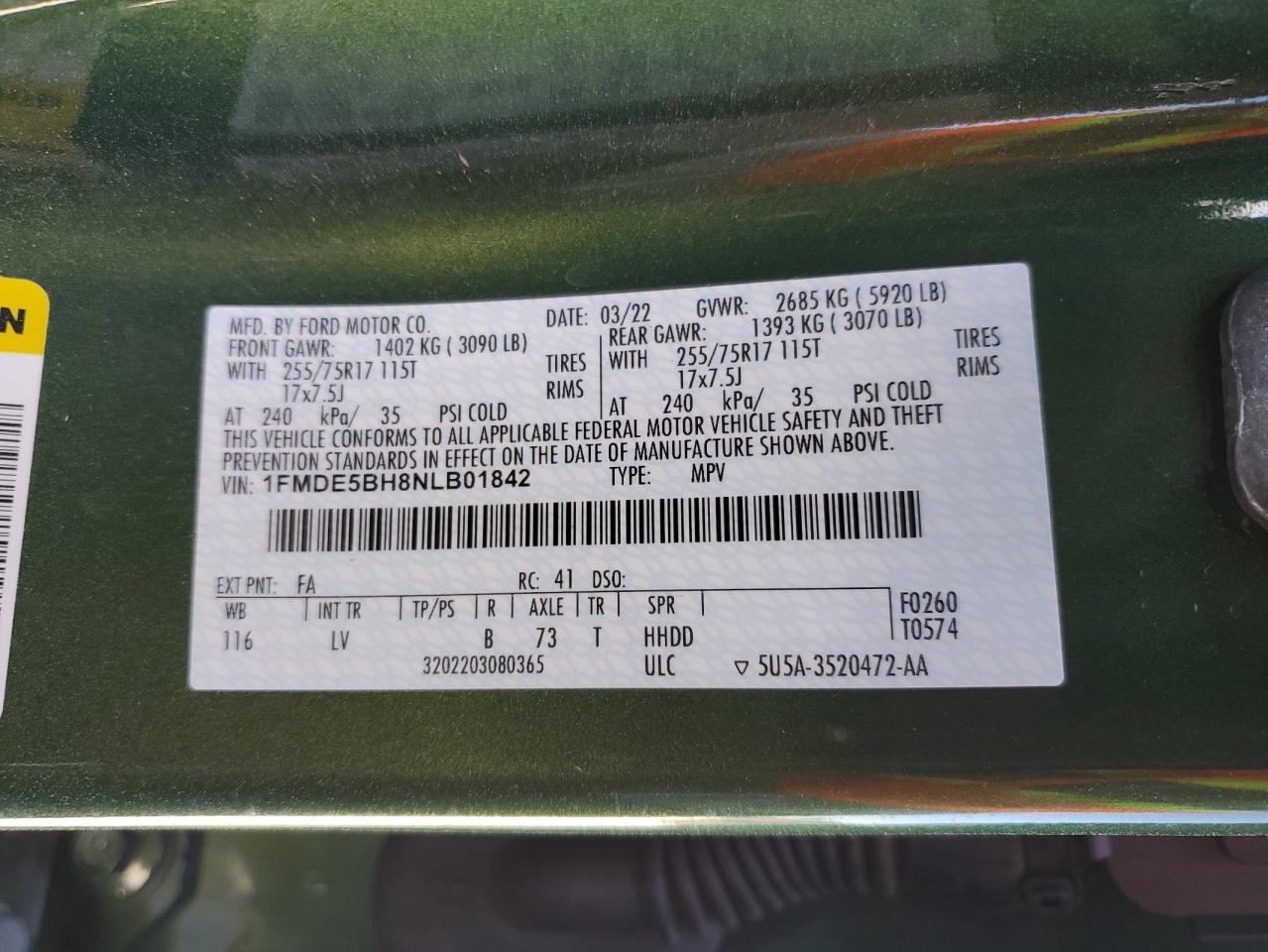 2022 FORD BRONCO BASE VIN:1FMDE5BH8NLB01842