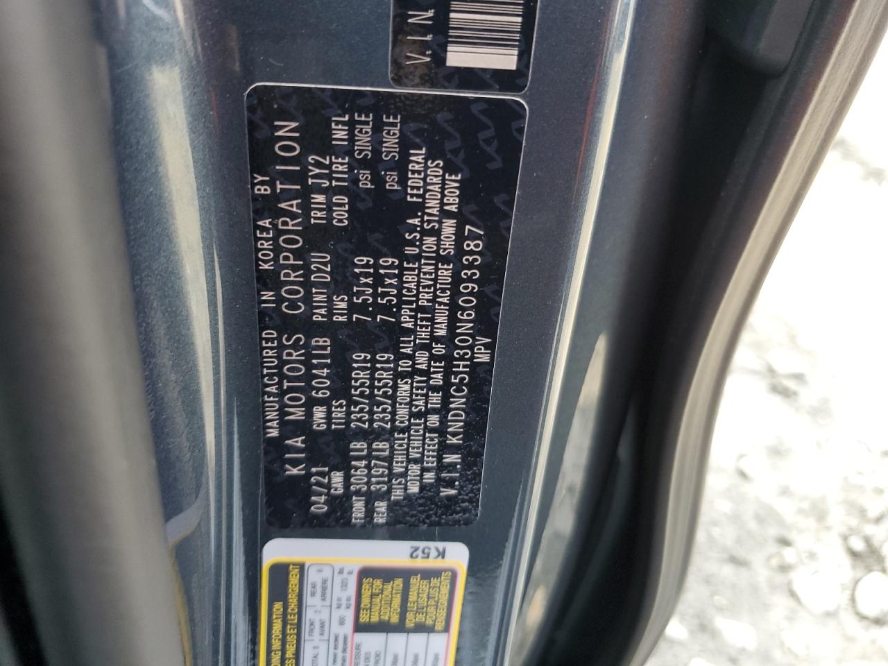 2022 KIA CARNIVAL EX VIN:KNDNC5H30N6093387