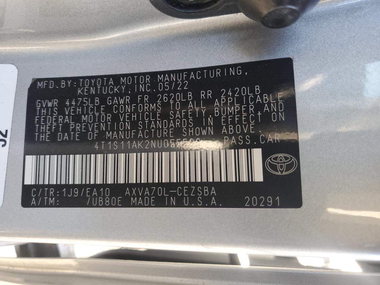 2022 TOYOTA CAMRY NIGHT SHADE VIN:4T1S11AK2NU055590