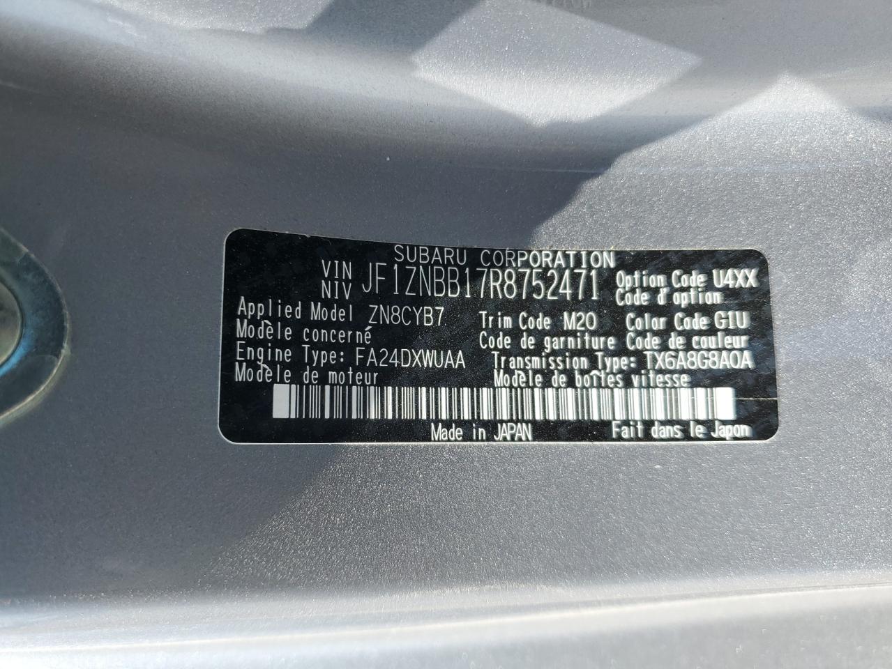 2024 TOYOTA GR 86 VIN:JF1ZNBB17R8752471