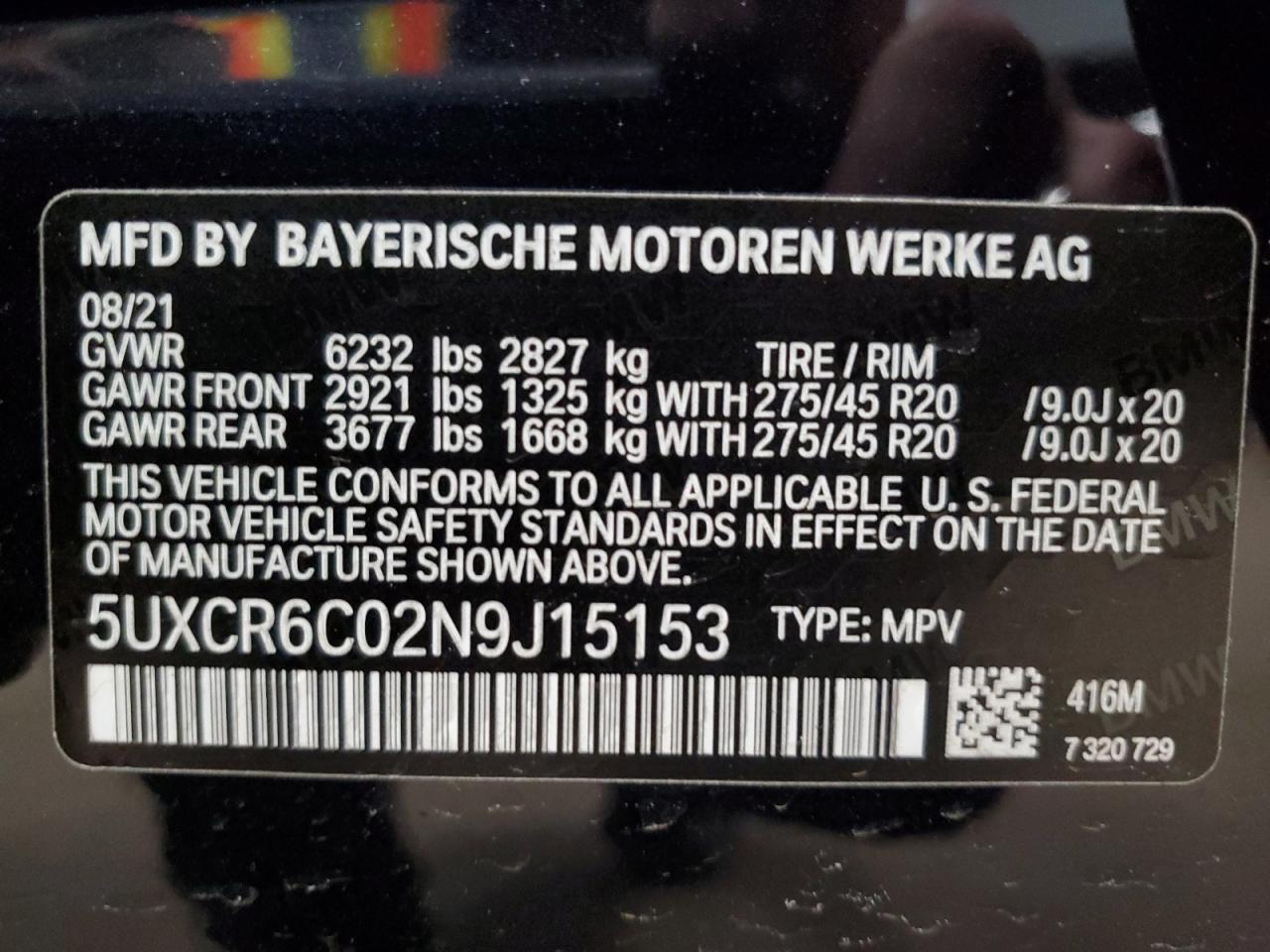2022 BMW X5 XDRIVE40I VIN:5UXCR6C02N9J15153