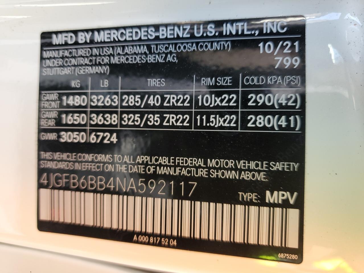 2022 MERCEDES-BENZ GLE AMG 53 4MATIC VIN:4JGFB6BB4NA592117