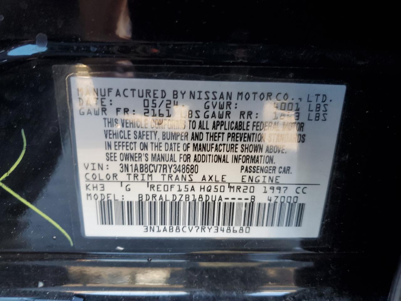 2024 NISSAN SENTRA SV VIN:3N1AB8CV7RY348680