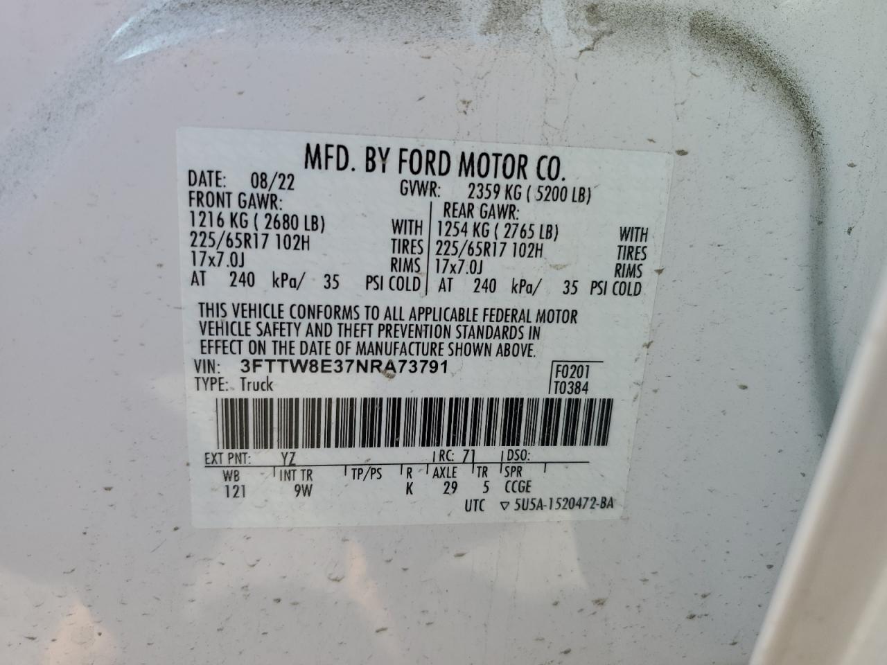 2022 FORD MAVERICK XL VIN:3FTTW8E37NRA73791