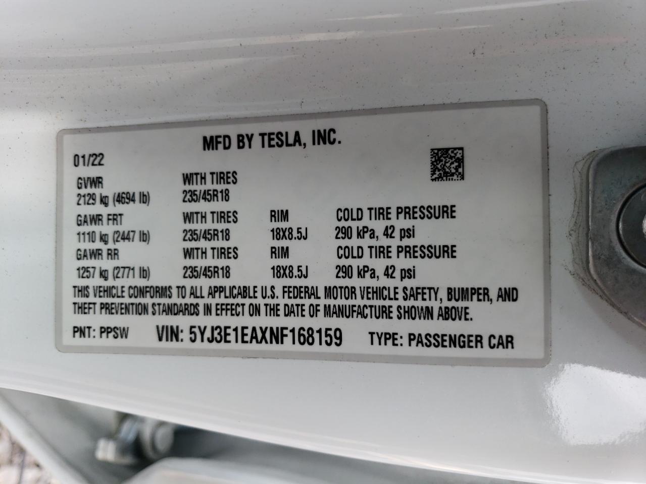 2022 TESLA MODEL 3 VIN:5YJ3E1EAXNF168159