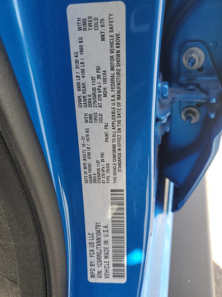 2022 RAM 1500 LARAMIE VIN:1C6RREJTXNN104791