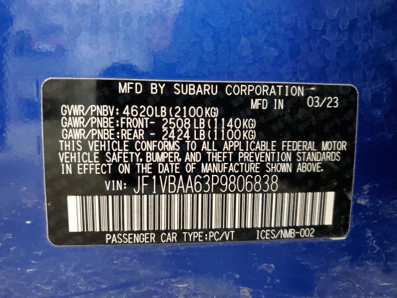 2023 SUBARU WRX VIN:NM0LS7E77G1291801