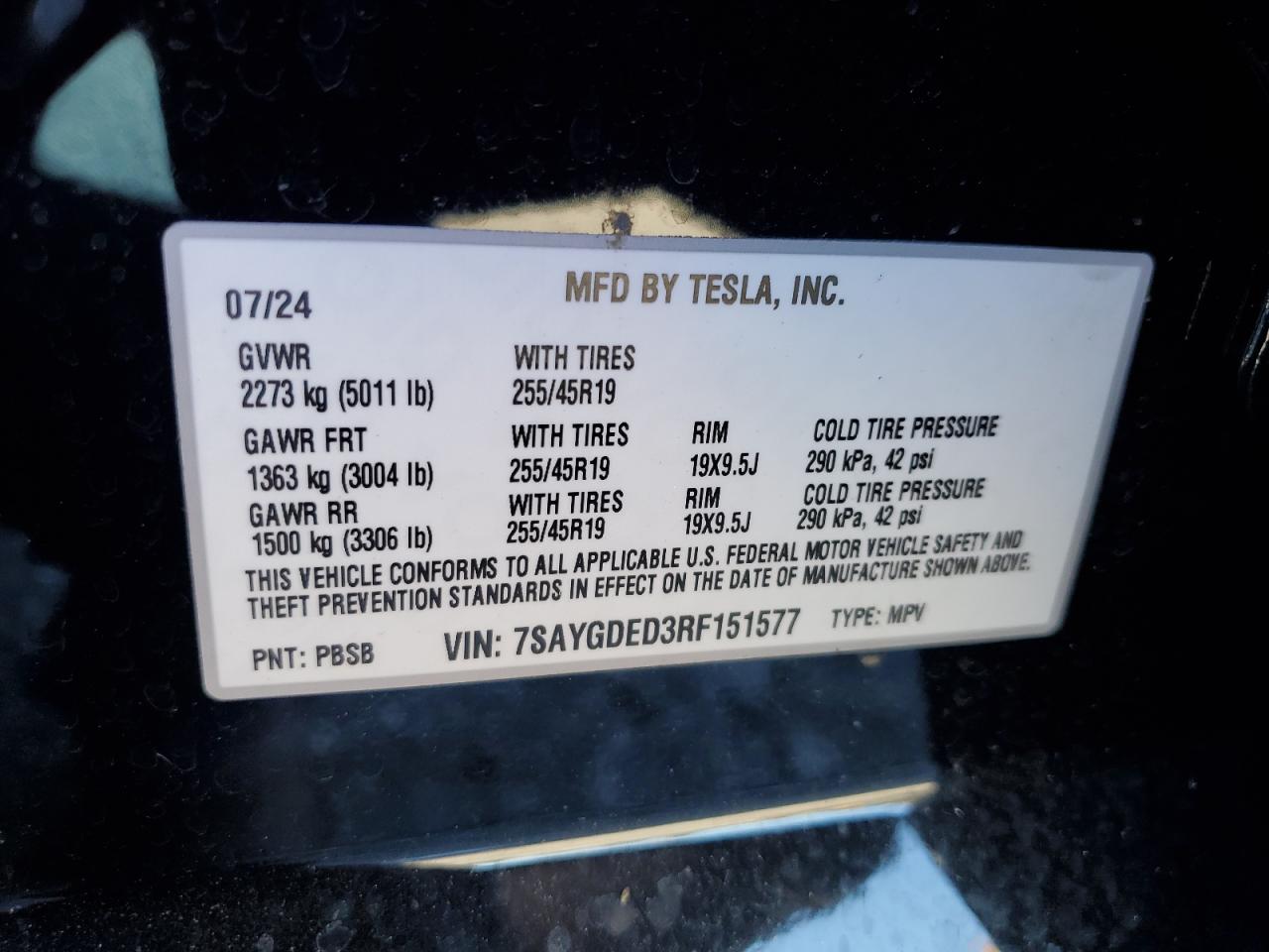 2024 TESLA MODEL Y VIN:7SAYGDED3RF151577