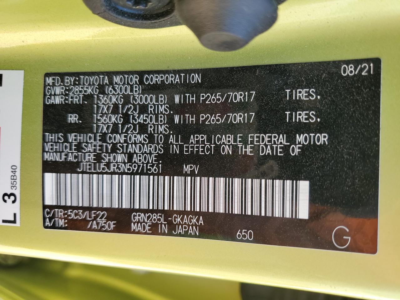 2022 TOYOTA 4RUNNER SR5 PREMIUM VIN:JTELU5JR3N5971561