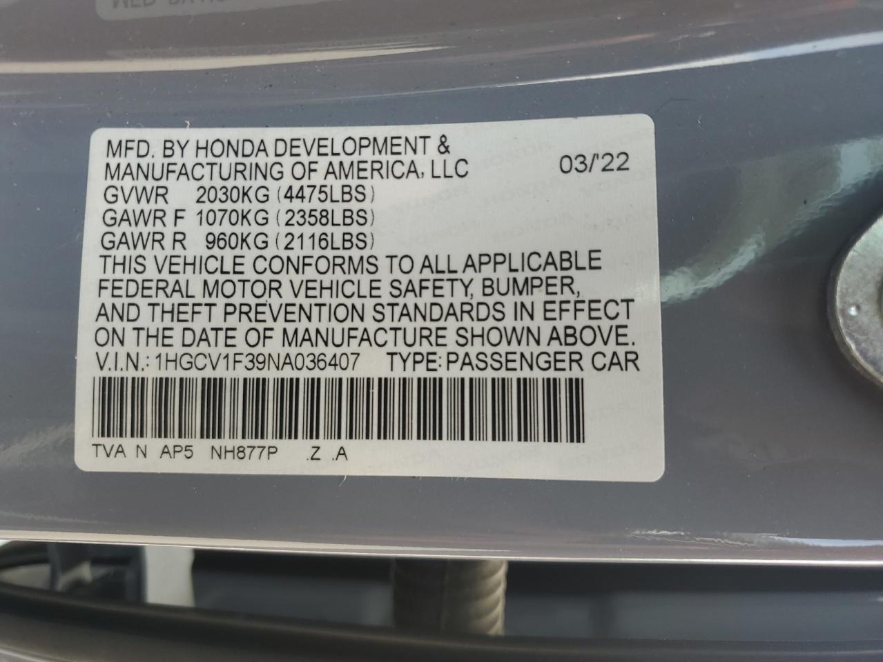 2022 HONDA ACCORD SPORT VIN:1HGCV1F39NA036407