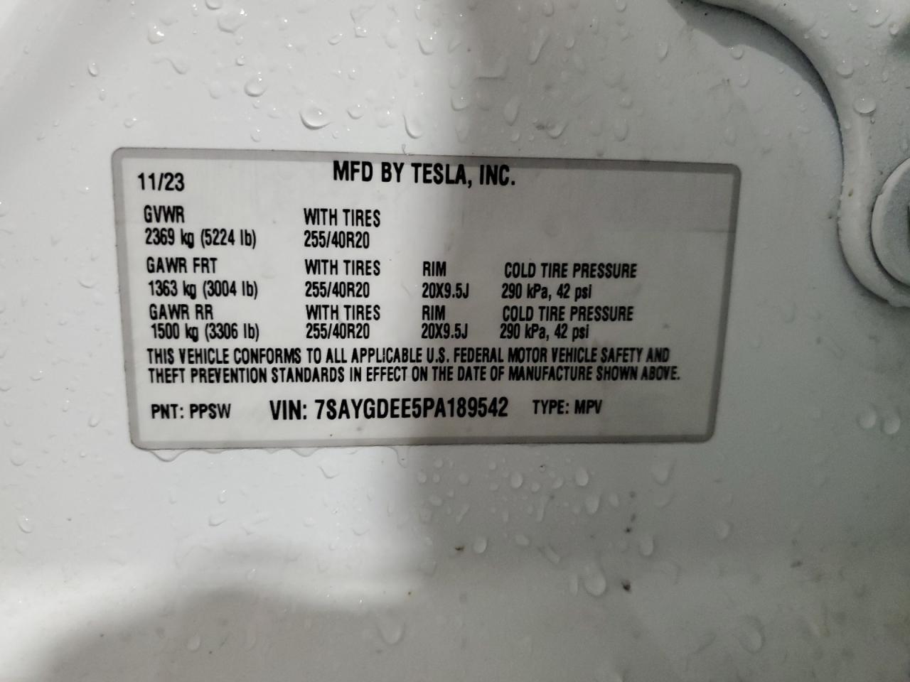 2023 TESLA MODEL Y VIN:7SAYGDEE5PA189542
