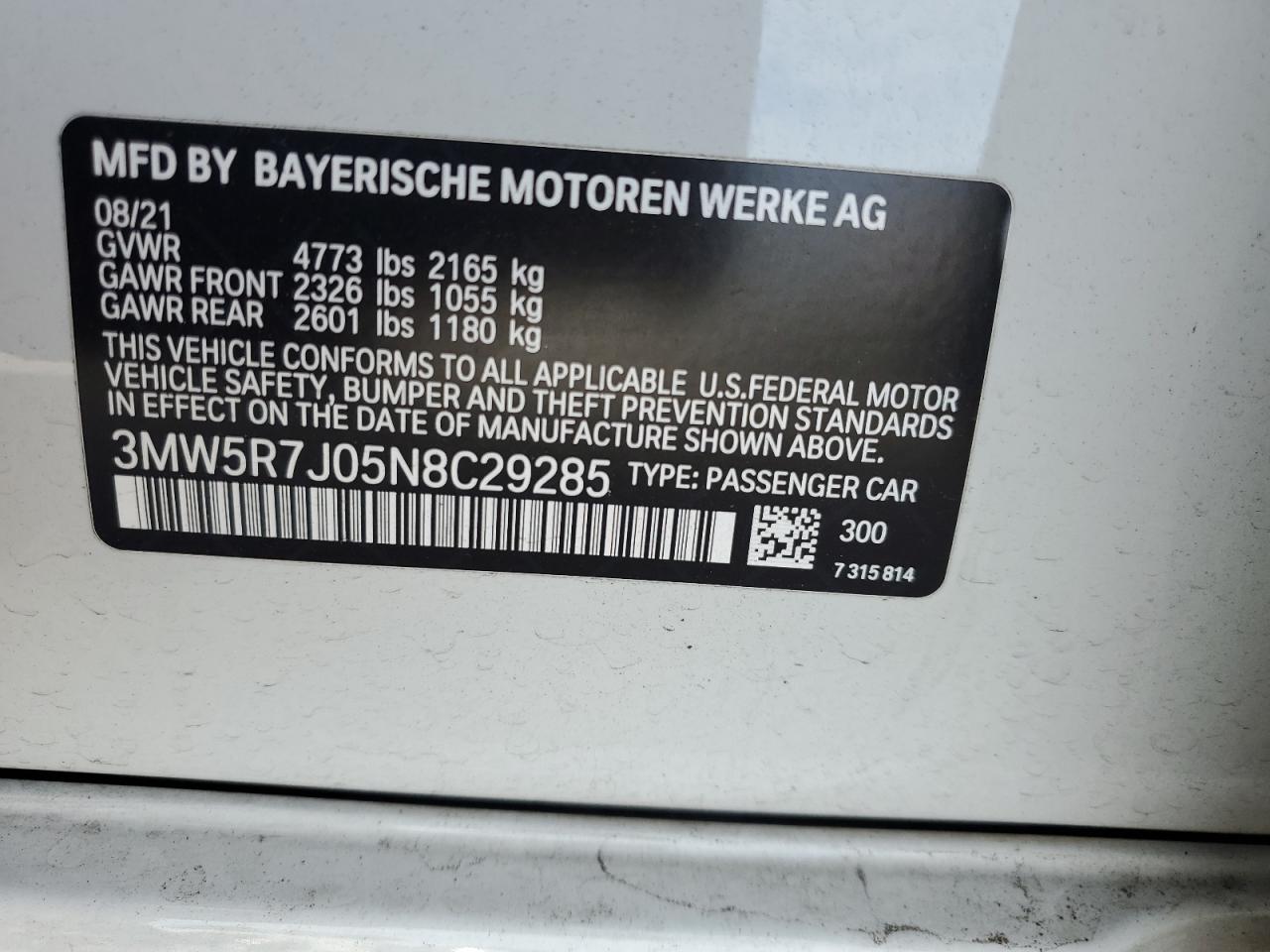 2022 BMW 330XI VIN:3MW5R7J05N8C29285