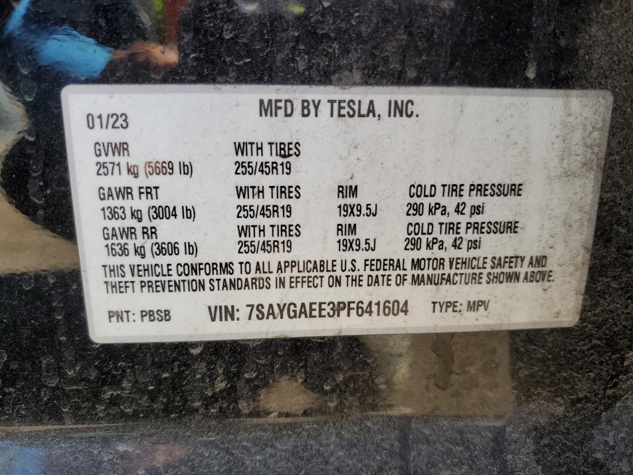 2023 TESLA MODEL Y VIN:7SAYGAEE3PF641604