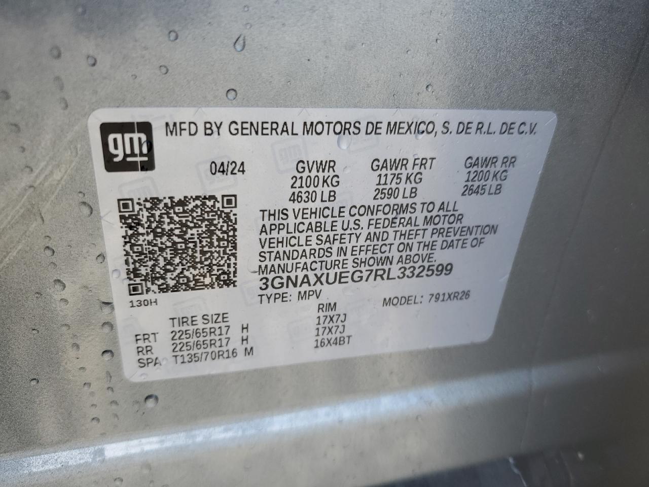 2024 CHEVROLET EQUINOX LT VIN:3GNAXUEG7RL332599