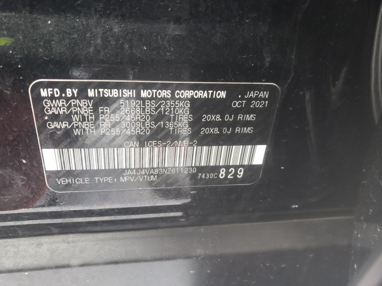 2022 MITSUBISHI OUTLANDER SEL VIN:JA4J4VA83NZ611230