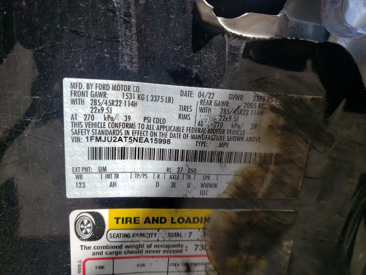 2022 FORD EXPEDITION LIMITED VIN:1FMJU2AT5NEA15998