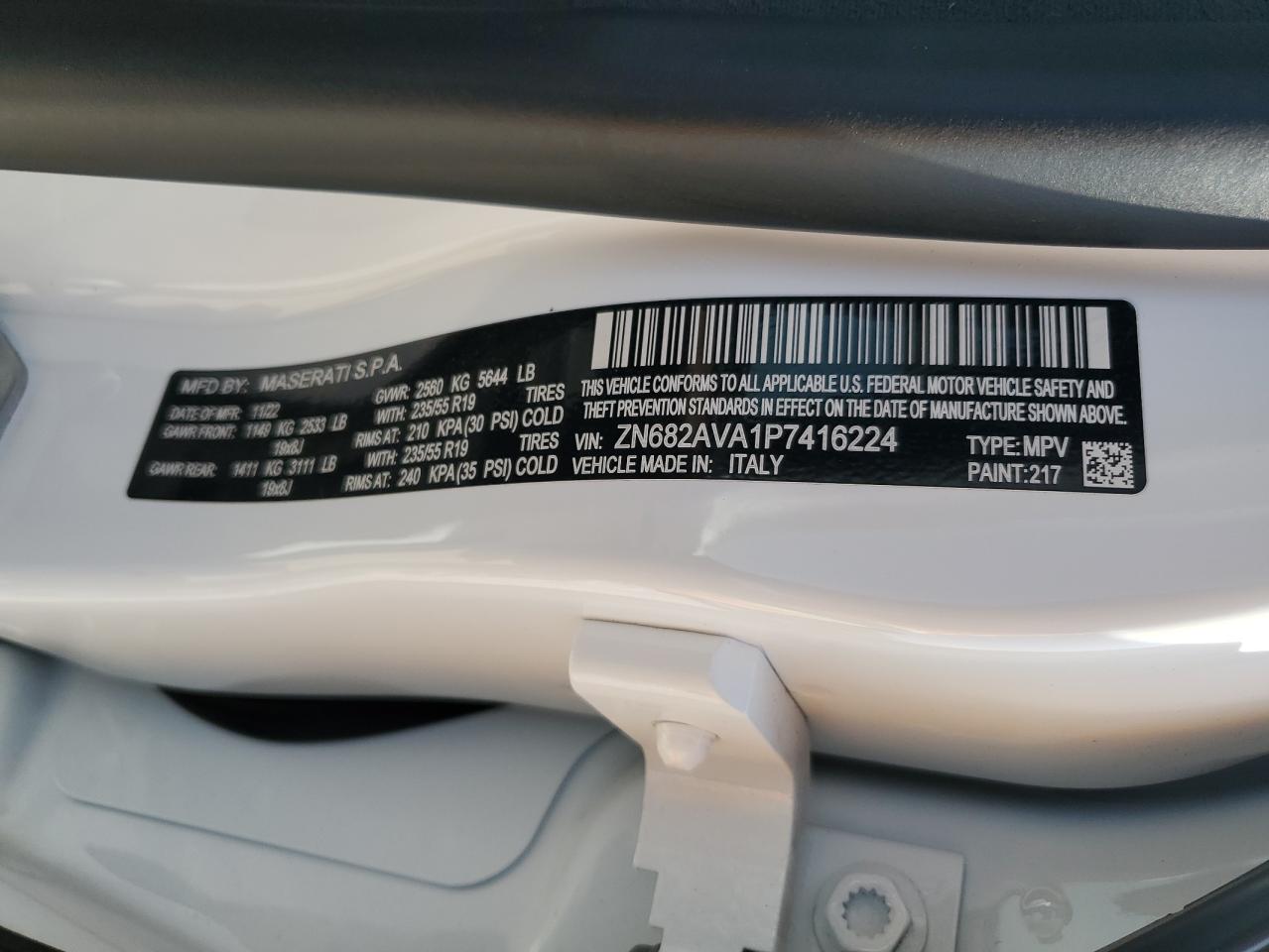 2023 MASERATI GRECALE GT VIN:ZN682AVA1P7416224