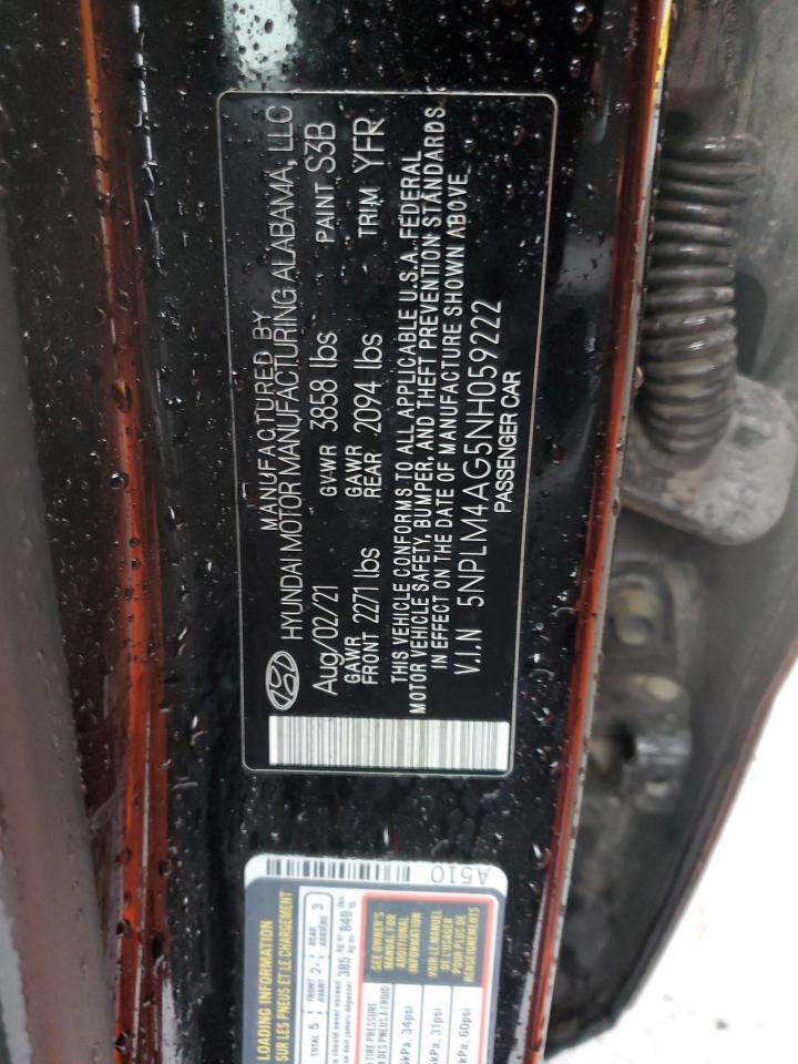 2022 HYUNDAI ELANTRA SEL VIN:5NPLM4AG5NH059222