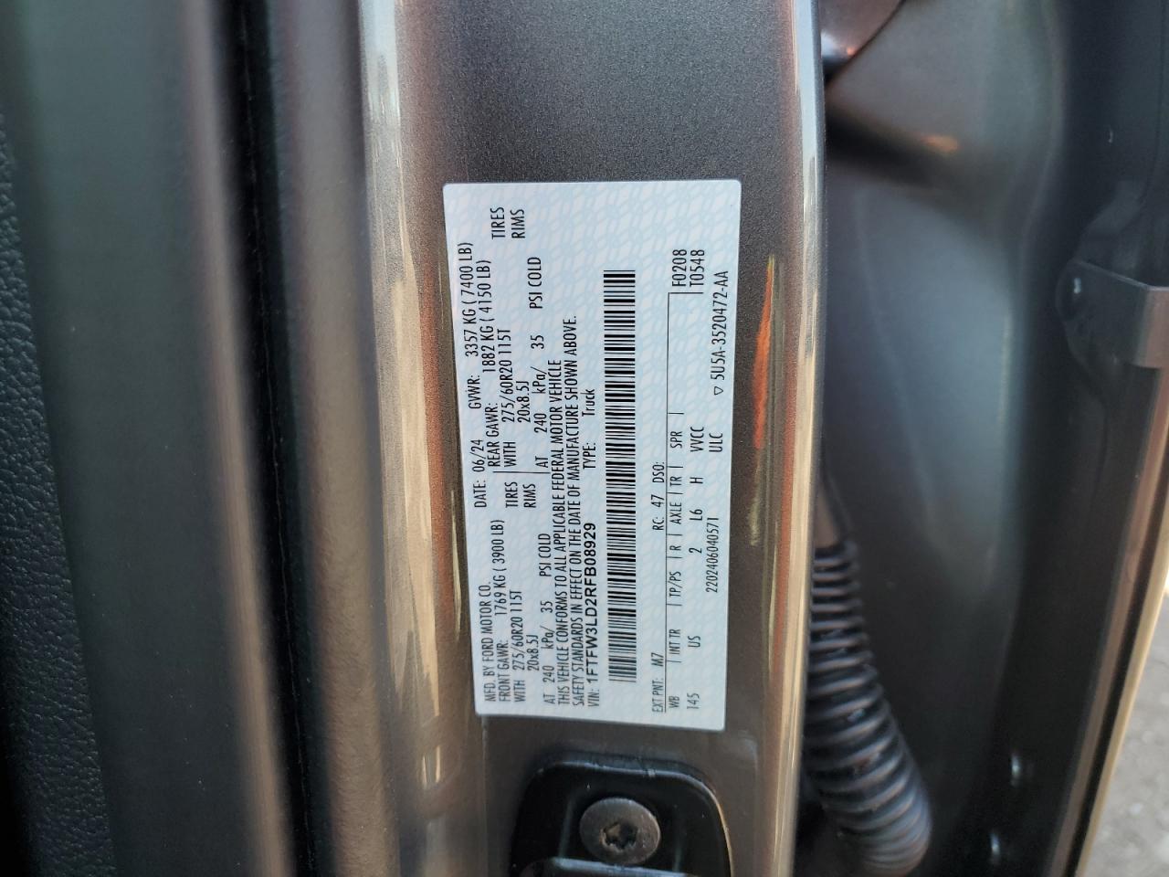 2024 FORD F150 XLT VIN:1FTFW3LD2RFB08929