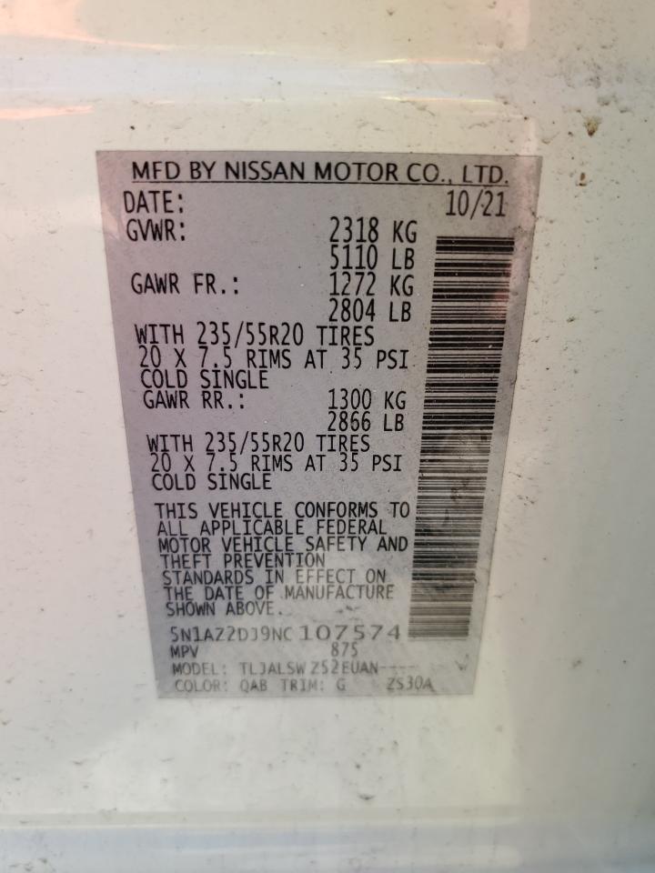 2022 NISSAN MURANO PLATINUM VIN:5N1AZ2DJ9NC107574
