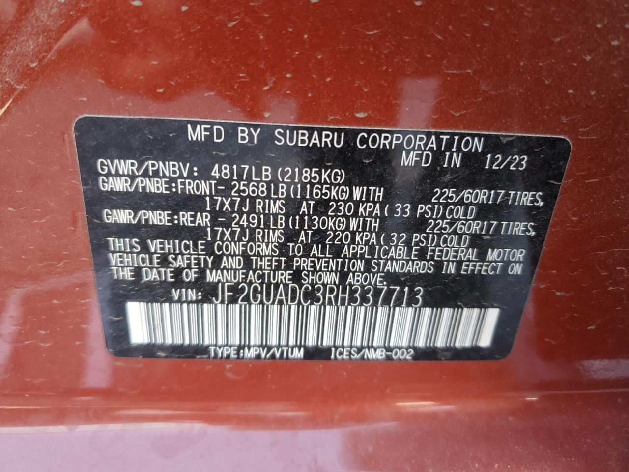 2024 SUBARU CROSSTREK PREMIUM VIN:JF2GUADC3RH337713