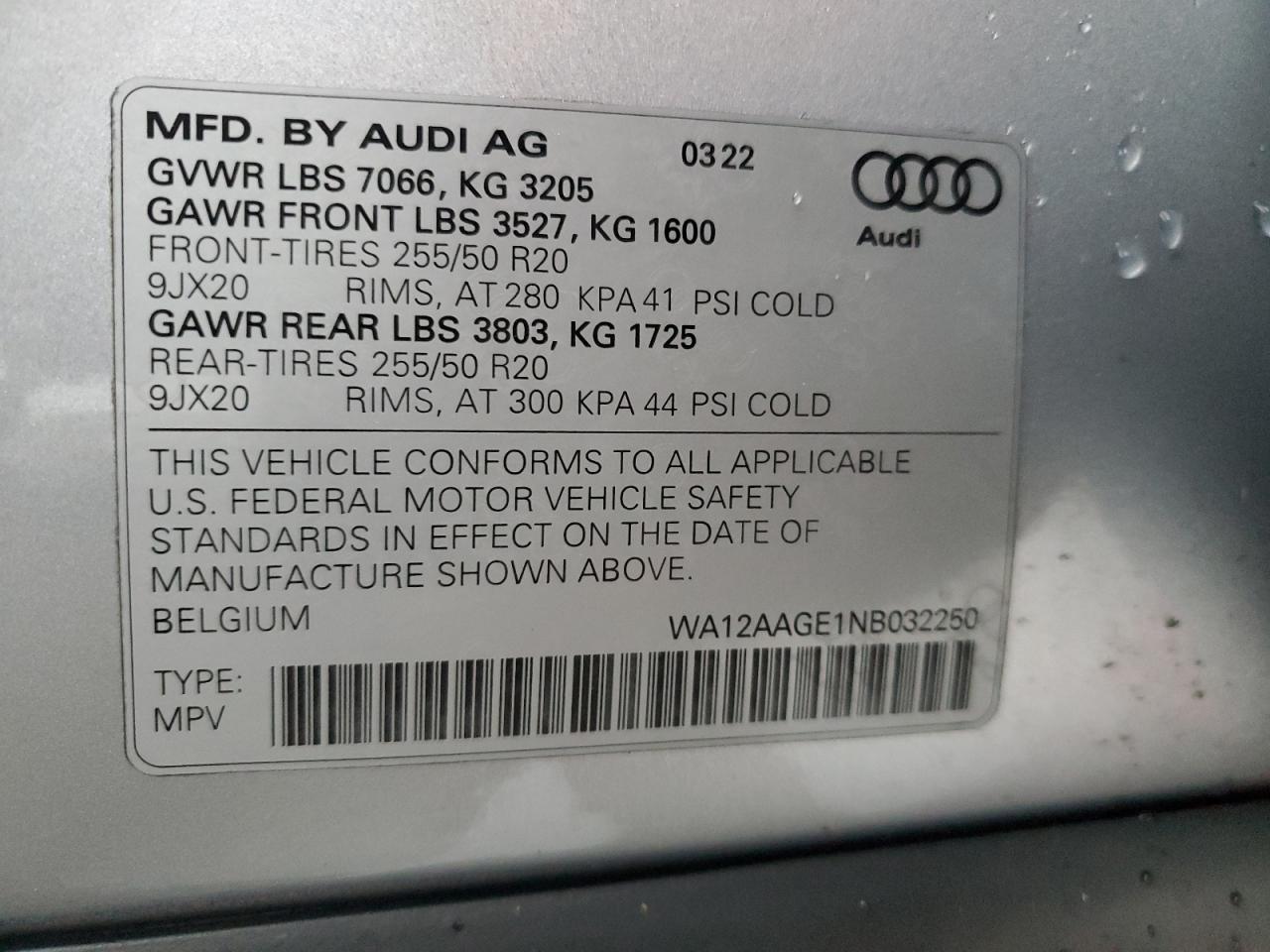 2022 AUDI E-TRON SPORTBACK PREMIUM PLUS VIN:WA12AAGE1NB032250