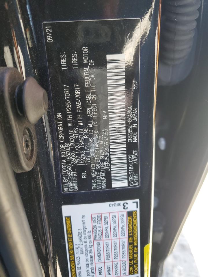 2022 TOYOTA 4RUNNER SR5 PREMIUM VIN:JTERU5JR2N5983355