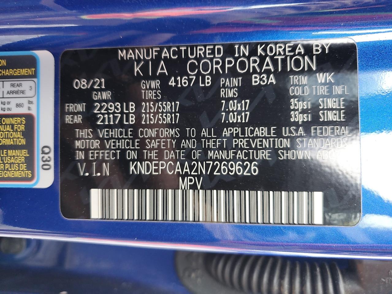 2022 KIA SELTOS LX VIN:KNDEPCAA2N7269626