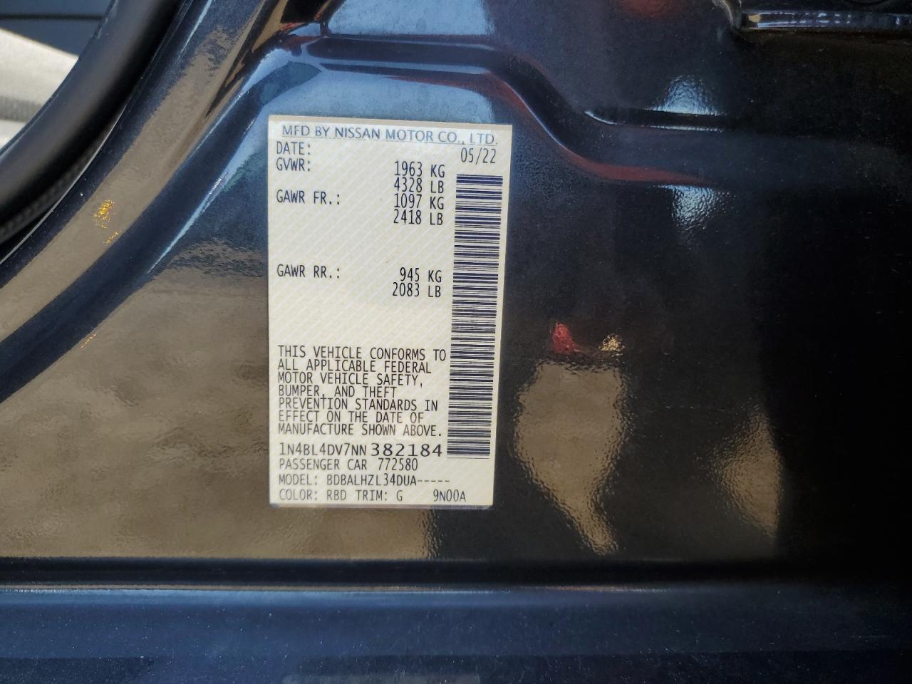 2022 NISSAN ALTIMA SV VIN:1N4BL4DV7NN382184