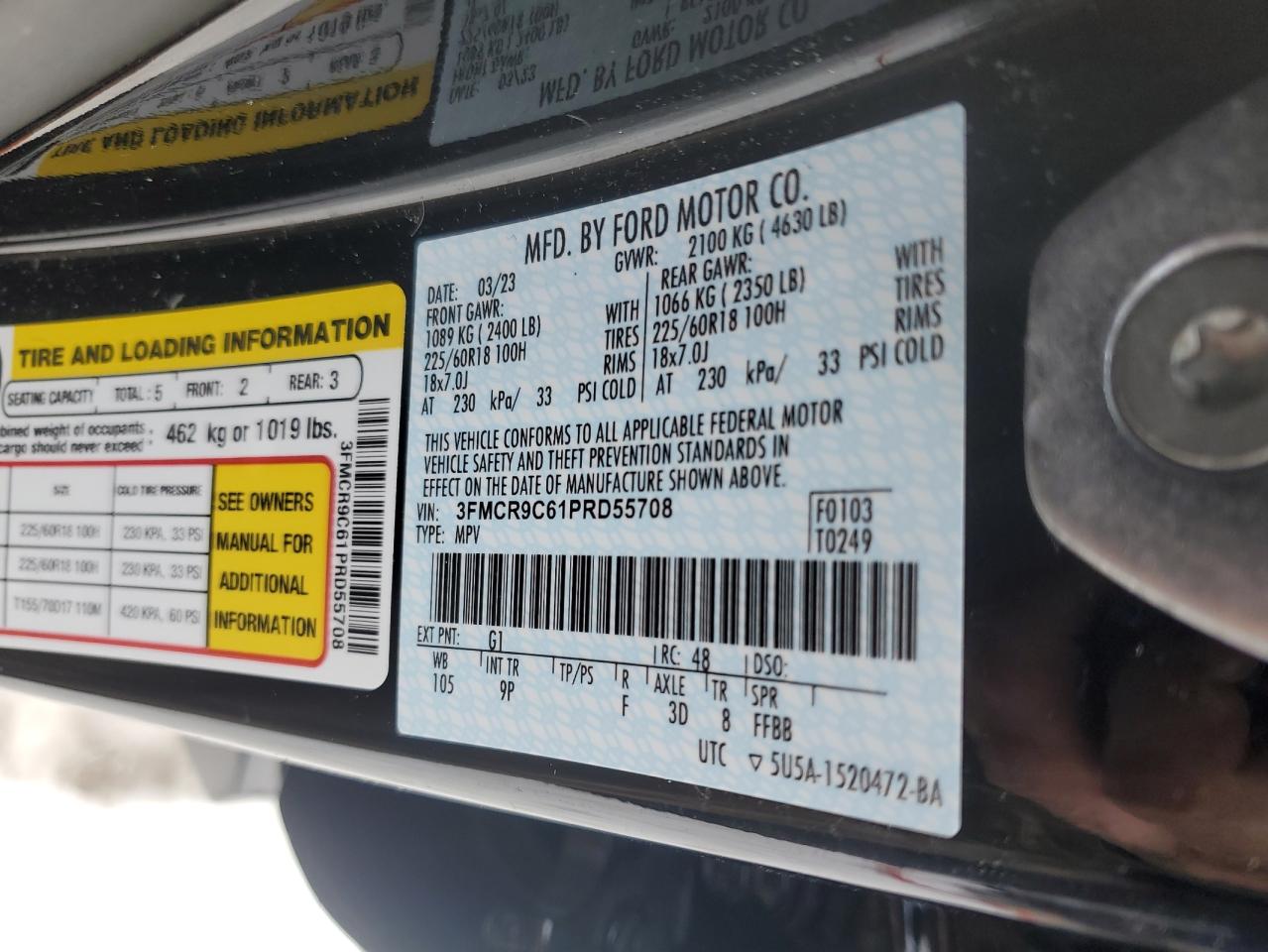 2023 FORD BRONCO SPORT OUTER BANKS VIN:3FMCR9C61PRD55708