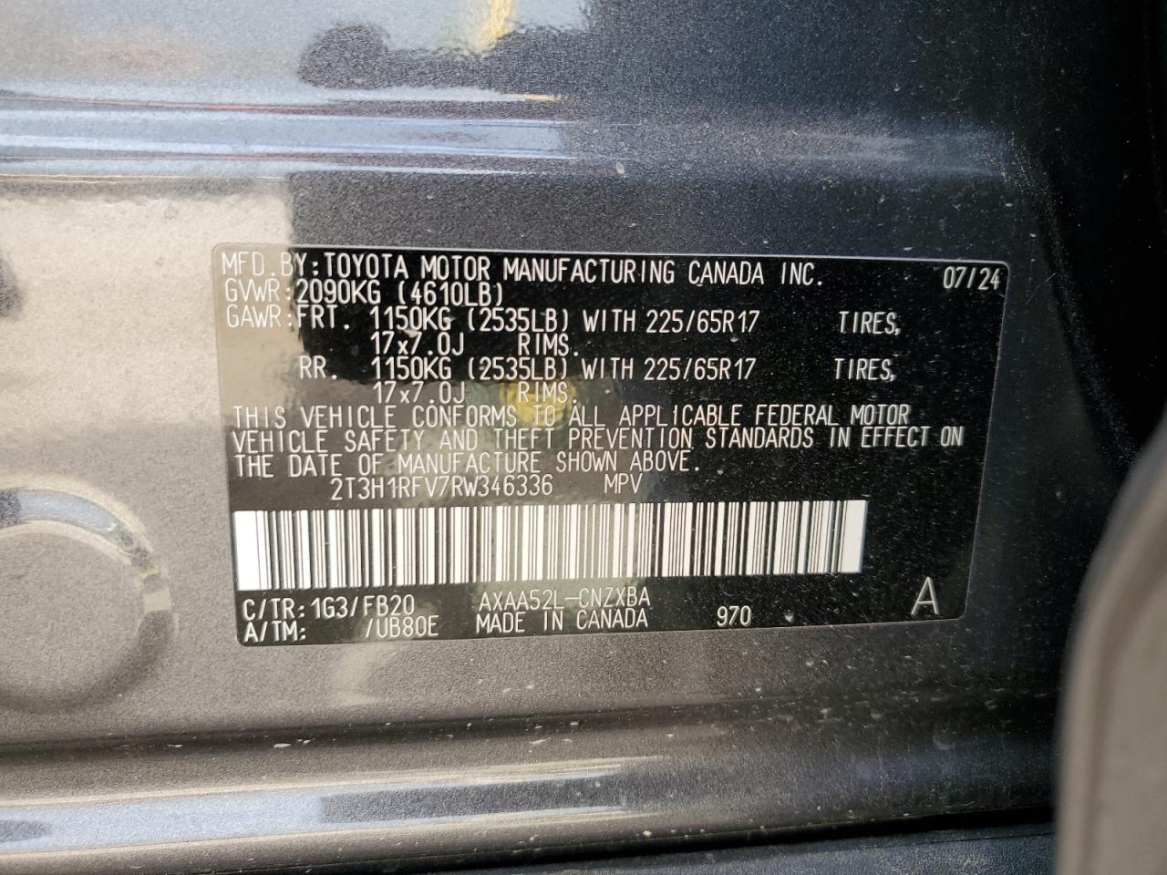 2024 TOYOTA RAV4 LE VIN:2T3H1RFV7RW346336